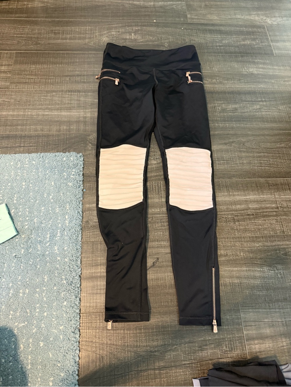 Black Leggings with Cream Knee Panels and Zip Accents